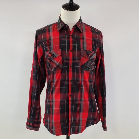 Men’s Black & Red Plaid Button Down Shirt - Picture 1 of 3